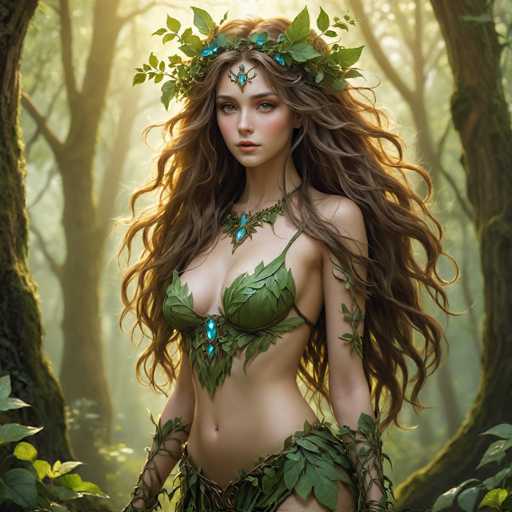 In this captivating image, a woman stands gracefully in a lush forest, embodying the essence of nature. She is adorned in a stunning ensemble made entirely of green leaves, which elegantly wraps around her chest and waist. Her long, flowing brown hair cascades down her back, complementing the natural beauty of her surroundings. A delicate leaf crown encircles her head, adding to her ethereal appearance. The woman's face is illuminated by a soft light, highlighting her serene expression. She gazes directly at the camera, exuding confidence and poise. The background is a dense forest, with tall trees and a ground carpeted in green leaves, creating a serene and enchanting atmosphere. The overall composition of the image is both beautiful and tranquil, capturing a moment of perfect harmony between the woman and nature.