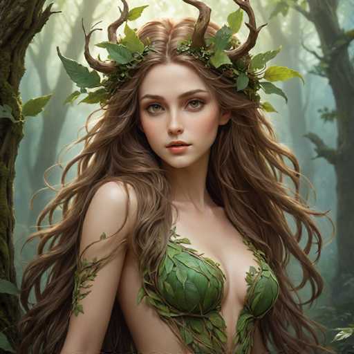 The image depicts a young woman with long, wavy brown hair cascading down her back. She is adorned with a crown of green leaves and brown antlers, giving her a distinctly forest-like appearance. Her attire is a green, leafy bra that complements the natural theme. She has fair skin, green eyes, and pink lips, with a slight blush on her cheeks. Her head is turned to the left, gazing off into the distance. The background is a misty forest with tall trees, some of which are covered in moss, adding to the ethereal and magical atmosphere of the scene.