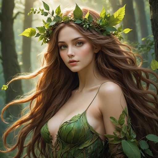 A woman with long brown hair is wearing a green dress and a crown made of leaves on her head. The background features trees and foliage, creating an impressionistic forest setting.