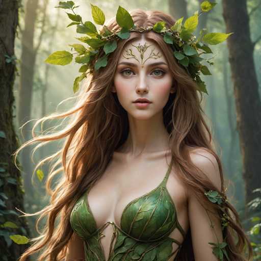 The image depicts a young woman, possibly in her early 20s, with long, wavy brown hair that cascades down to her waist. She has striking green eyes and a fair complexion. Adorning her head is a crown made of green leaves, and her forehead features an intricate design of twigs and leaves. She wears a green dress crafted from leaves, with straps that crisscross over her chest and additional leafy details around her waist. Her shoulders are bare, and she has a slight smile on her face. The background is a misty forest with tall trees, some of which are draped in vines and moss, creating a mystical atmosphere. Sunlight filters through the trees, casting a gentle glow on her hair and the surrounding foliage.