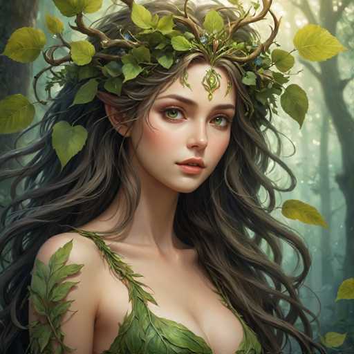 The image depicts a highly detailed, computer-generated or AI-generated fantasy scene featuring a young, beautiful woman with pointed ears, suggesting she is an elf. She has long, wavy brown hair adorned with a crown made of green leaves and brown branches. Her striking green eyes and pink lips add to her ethereal appearance. She is dressed in a green, leafy top that complements her nature-inspired look. The background is a misty forest with tall trees, through which sunlight filters, creating a magical atmosphere. The woman is positioned slightly to the left, gazing directly at the viewer, with her long hair cascading down to her waist. The overall scene is rich in green hues, enhancing the mystical and enchanting feel of the image.