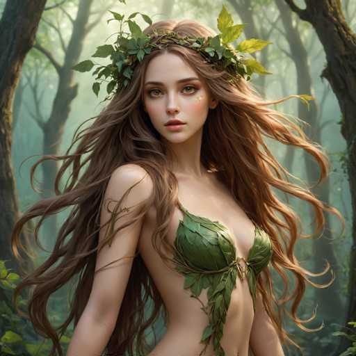 The image depicts a highly detailed, computer-generated illustration of a young woman with long, wavy brown hair that flows down to her waist. She stands in a forest setting, surrounded by tall trees and lush greenery, with a misty, foggy background that adds a mystical atmosphere. The woman is adorned with a leafy crown made of green leaves and twigs, and her face is accentuated with light pink lipstick and a touch of yellow paint on her cheekbones. She wears a green leaf bra that covers her breasts, and her bare midriff is visible. Her expression is serene, with her mouth slightly open, and she gazes directly at the viewer. The overall scene evokes a fairy-like or nature-inspired theme, with the woman appearing almost ethereal in her natural surroundings.