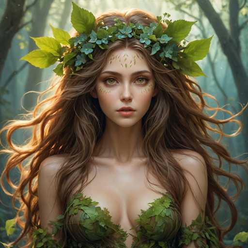 The image depicts a young woman, possibly in her early 20s, with long, wavy brown hair that cascades down to her waist. She has striking green eyes and a fair complexion. Adorning her head is a crown of green leaves, some of which drape over her forehead and cheeks, creating a natural, forest-inspired look. Her attire is a green leaf bra that complements the leafy crown, and additional leaves are wrapped around her arms, enhancing the woodland theme. The background features a dense forest with tall trees, adding to the overall natural and enchanting atmosphere of the scene.