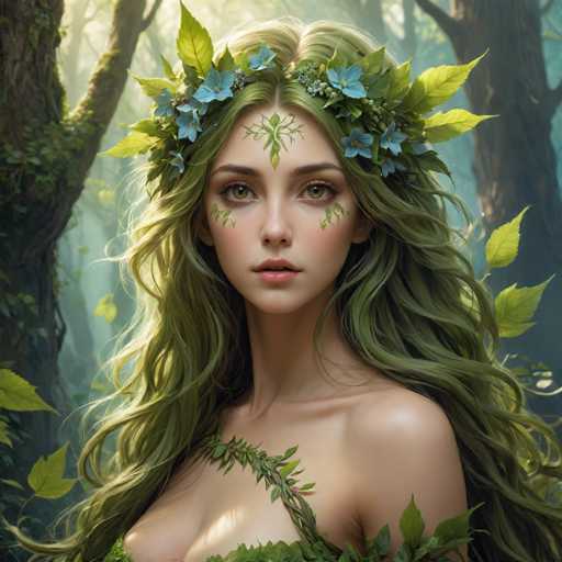 This image portrays a highly detailed, computer-generated or AI-generated fantasy character of a young woman, likely in her early 20s. She has long, wavy hair that transitions from a light blonde at the top to a greenish hue towards the ends, blending seamlessly with the surrounding forest. Her hair is adorned with a crown of blue flowers and green leaves, complementing the intricate floral designs painted on her face. These designs include a green plant motif on her forehead and additional green leaves on her cheeks, enhancing her ethereal appearance. She has striking green eyes and a fair complexion, with a hint of pink on her lips. The woman is dressed in a leafy top that covers her chest, and the background features a misty forest with tall trees and green leaves, adding to the mystical atmosphere of the scene.