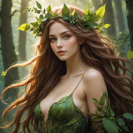 This image portrays a young woman, likely in her early 20s, with long, flowing brown hair that cascades down to her waist. She has striking green eyes and a fair complexion. Adorning her head is a delicate crown made of green leaves, adding a natural, ethereal touch to her appearance. She is dressed in a green, leafy dress that complements her crown and enhances her connection to nature. The background features a serene forest setting, with sunlight filtering through the trees, casting a warm glow on her hair and the surrounding foliage. The overall scene exudes a sense of tranquility and harmony with nature, capturing a moment of peaceful beauty.