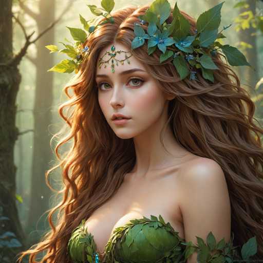 The image portrays a young woman with long, wavy brown hair, adorned with a leafy crown and a delicate headband featuring blue flowers and green leaves. Her striking green eyes and slightly parted lips give her a serene, almost ethereal expression. She is dressed in a green leafy top that complements her natural, forest-inspired look. The background is a misty, sunlit forest with tall trees, creating a mystical atmosphere that enhances the enchanting quality of the scene. The overall composition suggests a blend of digital artistry and photography, capturing the essence of a fairy-like or nature-inspired character.