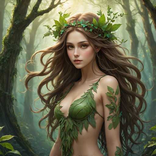 The image depicts a young woman, possibly in her late teens or early twenties, standing in a dense forest. She has long, wavy brown hair that cascades down to her waist, with a few strands flowing in front of her. Her hair is adorned with a crown of green leaves, and she has a serene, almost ethereal expression on her face, with her eyes gazing slightly to the left. She is wearing a leafy top that covers her breasts, with additional leaves extending down her left arm. The background is filled with tall, dark tree trunks and a misty, foggy atmosphere, creating a mystical forest setting. The overall scene has a painting-like quality, with soft, muted colors that enhance the dreamlike ambiance.