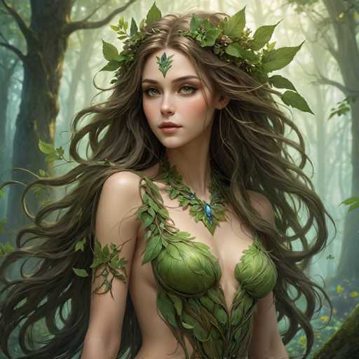 The image depicts a highly detailed, computer-generated illustration of a young woman with long, wavy brown hair that cascades down to her waist. She stands in a dense forest, surrounded by tall trees and lush greenery, with a misty, ethereal atmosphere enveloping her. Her attire is an intricate ensemble made entirely of green leaves, resembling a dress with leafy cups over her breasts and a leafy skirt. A leafy necklace adorns her neck, and a matching leafy headband sits atop her head. A distinctive green leaf is painted on her forehead, and she has striking green eyes and pink lips. The woman gazes directly at the viewer, her body slightly turned to the left, exuding a serene and mystical presence.