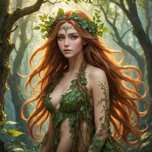 The image depicts a highly detailed, computer-generated or AI-generated fantasy scene featuring a young woman with long, flowing red hair that cascades down to her waist. She stands in a dense forest, surrounded by tall trees with brown trunks and green leaves, bathed in sunlight that filters through the canopy. The woman is adorned in a green, leafy dress that covers her chest and extends down to her waist, with additional leaves and vines wrapping around her arms and neck. A leafy crown sits atop her head, complemented by a delicate vine that drapes over her forehead. Her skin is fair, and she has striking green eyes and full lips. The overall atmosphere of the image is serene and enchanting, with the woman appearing almost ethereal in her natural, leafy attire.