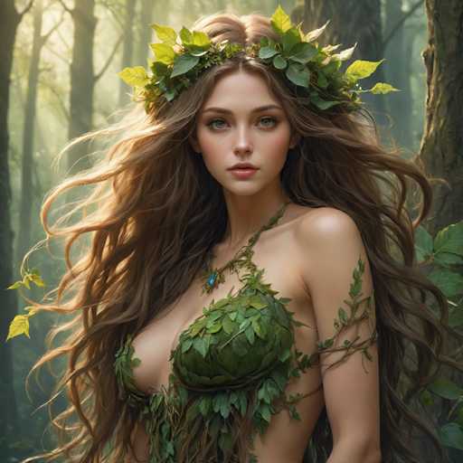 In this captivating image, a woman stands gracefully in a serene forest setting. She is adorned with a crown of vibrant green leaves that encircle her head, adding a touch of natural elegance. Her long, flowing brown hair cascades down, framing her face beautifully. The woman's attire is a harmonious blend of nature and fashion; she wears a green leaf top that complements the foliage around her. A striking blue gem adorns her neck, drawing attention to her neckline. Her complexion is fair, and she gazes directly at the camera with a composed expression. The background is filled with tall trees, their green leaves filtering the sunlight, creating a dappled effect on the forest floor. The overall scene exudes a sense of tranquility and connection with nature.