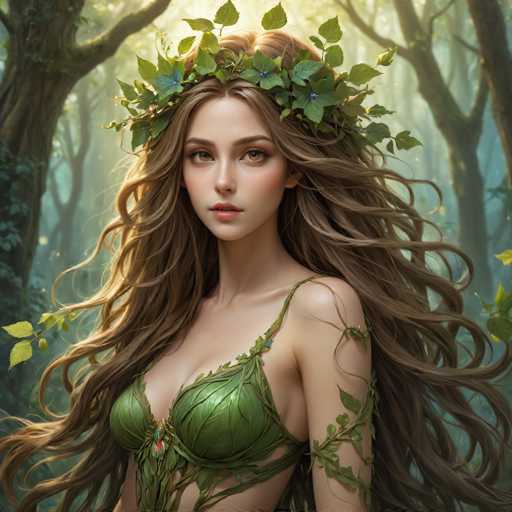 This image depicts a highly detailed, computer-generated or AI-generated illustration of a young woman standing in a dense forest. The woman has long, flowing brown hair that cascades down to her waist, with a slight reddish tint. She is adorned with a leafy crown made of green leaves, some of which have small blue flowers interspersed among them. Her attire is a green, leafy top that resembles a bra, with straps made of vines and leaves. Her skin is very pale, and she has striking brown eyes and pink lips. The background features a dense forest with tall trees, their trunks and branches visible, and the ground covered in green leaves. The overall scene is bathed in a soft, yellow light, giving it a serene and enchanting atmosphere.