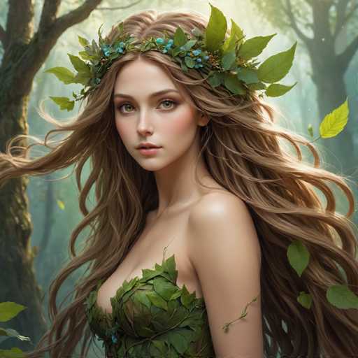 This image depicts a highly detailed, computer-generated or AI-generated illustration of a young woman with long, flowing brown hair that cascades down to her waist. She has striking green eyes and a serene expression, with her gaze directed slightly to the left. Adorning her head is a crown made of green leaves and blue berries, reminiscent of a tiara. Her attire is a green leaf dress that covers her chest, with the leaves arranged to leave a small portion of her cleavage exposed. The background features a misty forest with tall trees, some of which are visible on the left side of the image. The overall scene is bathed in a soft, ethereal light, enhancing the dreamlike quality of the illustration.
