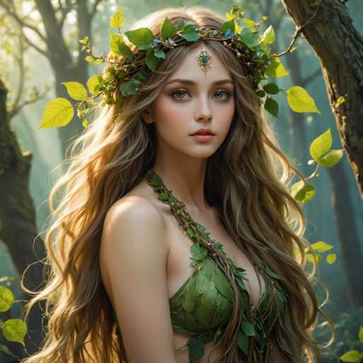 The image depicts a young woman, possibly in her late teens or early twenties, with long, wavy blonde hair that cascades down to her waist. She has striking blue eyes and is adorned with a leafy crown made of green leaves and small blue flowers. A matching leafy band rests on her forehead, featuring a central jewel. Her attire includes a green, leafy bra top that complements the crown. The woman is standing in a serene forest setting, with sunlight filtering through the trees, casting a warm glow on her face and hair. She gazes directly at the camera, exuding a sense of calm and connection with nature.