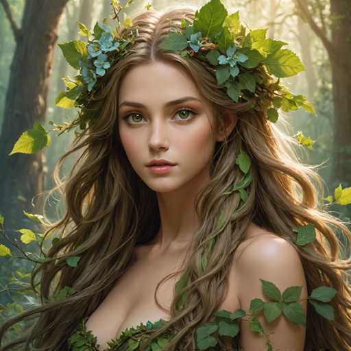 This image portrays a young woman with long, wavy brown hair adorned with a crown of green leaves and blue flowers. Her striking green eyes and pink lips add to her ethereal appearance. She is dressed in a green outfit that complements the natural elements surrounding her. The background features a dense forest with tall trees, through which sunlight filters, casting a warm glow on her face. The overall scene exudes a mystical, fairy-like quality, reminiscent of a character from a fantasy story.