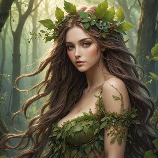 This image portrays a young woman with long, wavy brown hair adorned with a crown of green leaves and white flowers. She has striking green eyes and pink lips, and her complexion is fair. She is dressed in a green leafy top that leaves her shoulders bare, and the leaves extend down her arm. The background features a dense forest with tall trees, some of which have green leaves while others are bare. The scene is illuminated by sunlight filtering through the trees, casting a soft glow on the woman's face. The overall atmosphere is serene and enchanting, reminiscent of a fairy tale or a fantasy setting.