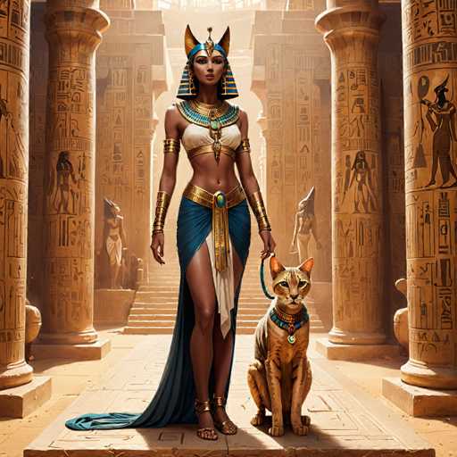 The image depicts an Egyptian queen and her cat standing in front of a temple. The queen is wearing a blue and gold dress with a gold headdress and holding the cat on a leash. The cat has a golden collar around its neck. The background features columns and statues, suggesting that they are in a temple or similar architectural structure.