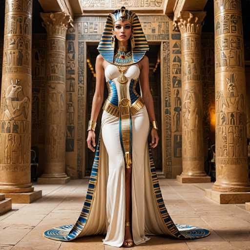 The image shows a woman dressed in an Egyptian-style costume standing in front of a temple. She is wearing a white dress with blue and gold accents, a headdress, and a gold necklace. The background features columns and hieroglyphics on the walls, indicating that she is in an ancient Egyptian setting.