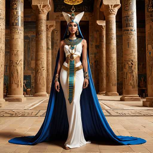 The image depicts a woman wearing an Egyptian-style dress and headdress standing in front of a temple. The woman is positioned centrally within the frame, with her body angled towards the camera. She is adorned in a white dress that contrasts with the blue headdress she wears on her head. The background features columns and statues, suggesting the presence of a temple or similar architectural structure.