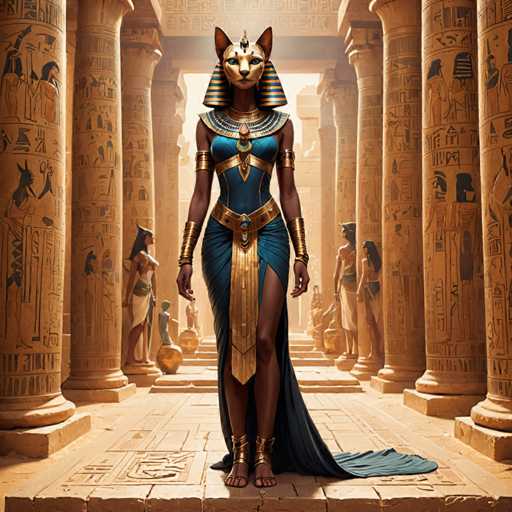 The image depicts an Egyptian queen standing in a grand hall with columns and statues surrounding her. The queen is wearing a blue dress adorned with gold accents and a headdress featuring a cat's face. In the background, there are other figures of people also dressed in similar attire.