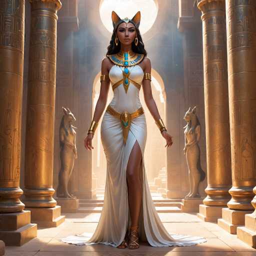 The image depicts a woman wearing a white dress and gold jewelry standing in front of two stone columns with intricate carvings. The woman is positioned on the left side of the frame, facing towards the right.