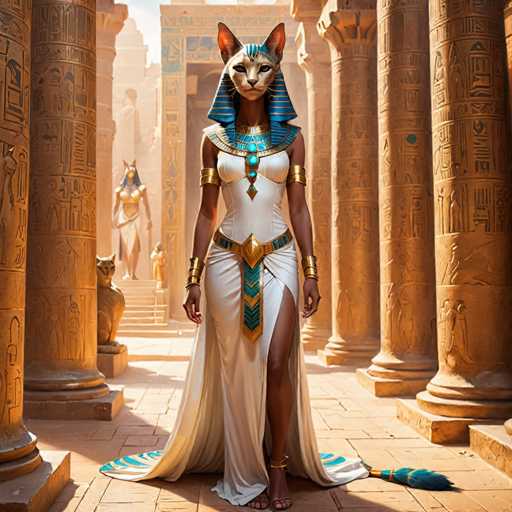 The image depicts an Egyptian goddess or pharaoh walking through a temple complex. The central figure is a woman wearing a white dress and gold jewelry, with a cat mask on her face. She holds a staff in one hand and a banner in the other. The background features columns and statues of various sizes, suggesting a grand and majestic setting.
