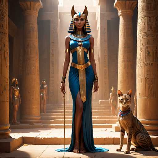The image depicts a woman wearing an Egyptian-style dress and headdress standing next to a cat on a stone platform within the walls of an ancient Egyptian temple. The woman is holding a staff in her right hand while the cat sits calmly beside her.