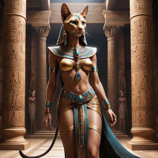 The image depicts an Egyptian goddess with a cat head and body standing in front of a temple. The goddess is wearing a gold and blue costume that includes a headdress adorned with jewels and a necklace made of gold and blue gemstones. She holds a staff in her hand.