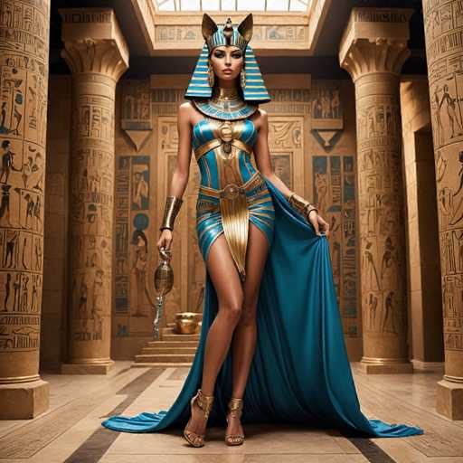 The image depicts a woman dressed in an Egyptian-style outfit, including a blue dress and gold jewelry, standing in front of a large column with hieroglyphics on it. The woman is holding a golden object in her hand.
