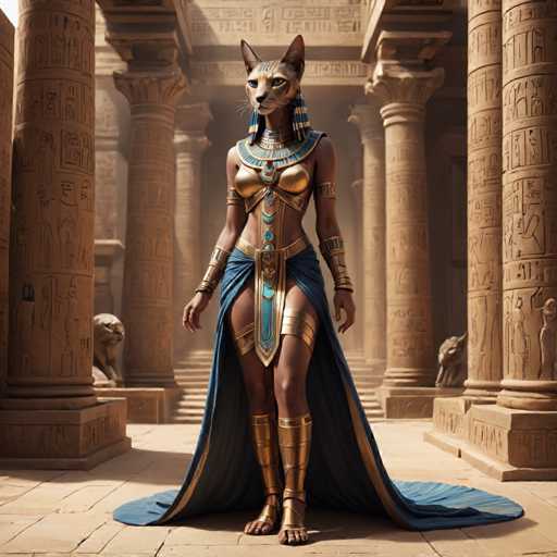 The image depicts an Egyptian goddess standing in front of a temple with columns and statues. The goddess is adorned in a blue and gold dress and has a cat mask on her face. She holds a staff in one hand and a shield in the other.