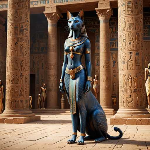 The image depicts an Egyptian goddess statue seated on a throne with her arms crossed and legs folded, wearing a blue robe adorned with gold accents. The statue is positioned in front of the Great Pyramid of Giza, which serves as the backdrop for this ancient scene.