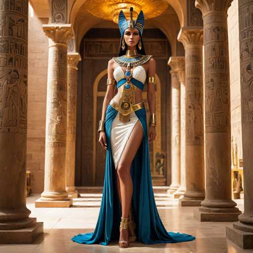 A woman is standing in front of a large column with intricate carvings and wearing a blue and gold dress that reaches down to her knees. She is also wearing a crown on her head and earrings. The background features a wall adorned with hieroglyphics and columns, suggesting the setting could be an ancient Egyptian temple or palace.