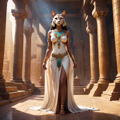 The image depicts an Egyptian goddess standing in a temple courtyard. The goddess is adorned in a white dress and gold jewelry, with a cat mask on her face. She holds a staff in one hand and a shield in the other. The background features columns and statues of pharaohs, suggesting that this scene takes place within a temple or palace.