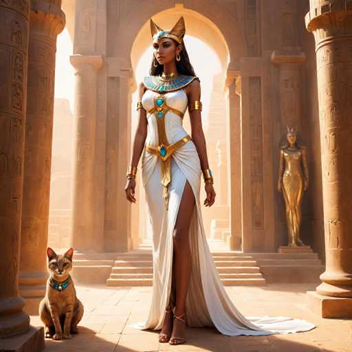 A woman wearing an Egyptian-style dress and a gold headdress stands in front of two stone columns with a cat sitting on the ground next to her.