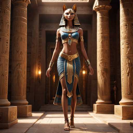 The image depicts a woman wearing a blue and gold dress with a gold headdress, standing in front of a doorway within an ancient Egyptian temple. The woman is positioned centrally in the frame, facing towards the right side of the image. The background features columns and statues that contribute to the historical ambiance of the scene.