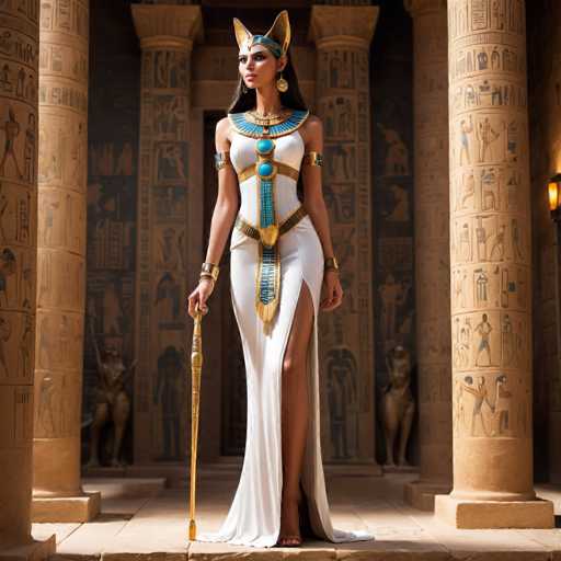 A woman dressed in an Egyptian-style dress and headdress stands in front of a temple with columns, holding a staff and wearing earrings.