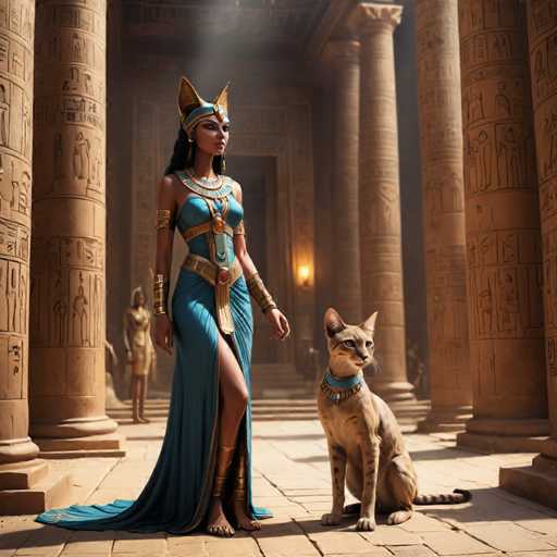 A woman dressed in a blue gown and gold earrings stands next to her cat on a stone floor within an ancient Egyptian temple.