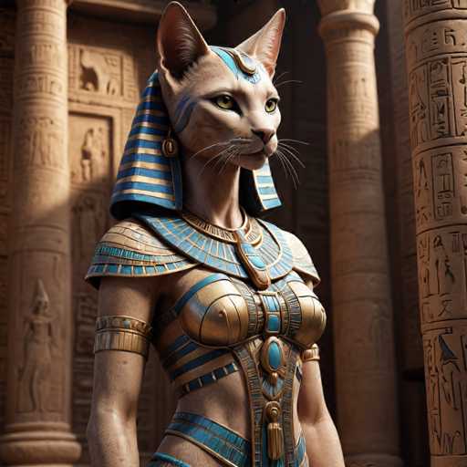 The image depicts an Egyptian goddess with a cat head and body wearing a blue and gold outfit adorned with gold jewelry. The goddess is standing in front of a temple, which features columns and statues on either side.