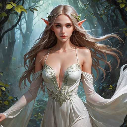 A beautiful young woman with blonde hair and long sleeves is standing in a forest surrounded by trees and bushes. She is wearing a white dress adorned with gold accents that includes a crown on her head. The woman's face features a serene expression as she gazes into the distance, which suggests a sense of tranquility or contemplation.