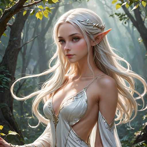 This image depicts a highly detailed, computer-generated fantasy elf girl standing in a serene forest. The elf has long, flowing white hair that cascades down her back, with a few strands framing her face. She has striking green eyes and pointed ears, characteristic of elves, adding to her mystical appearance. Adorning her head is a delicate crown made of leaves, enhancing her ethereal look.

Her attire is a shimmering silver dress that features intricate gold trim and a daring cutout that extends from her chest down to her belly button, leaving her shoulders and arms bare. The dress is sleeveless, with fabric flowing gracefully from her elbows. She stands with her body facing left, but her head is turned towards the viewer, creating a captivating and enigmatic expression.

The background is a lush forest filled with tall trees and dense foliage, with sunlight filtering through the canopy, casting a soft glow on the scene. The overall atmosphere is one of tranquility and enchantment, perfectly capturing the essence of a fantasy world.