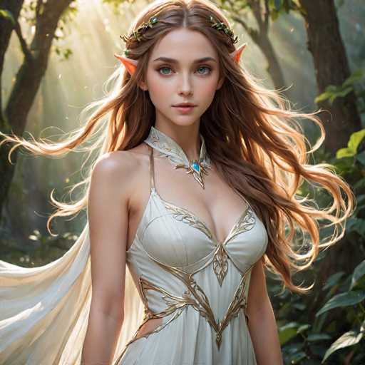 The image depicts a highly detailed, computer-generated or AI-generated fantasy character of a young woman with long, flowing brown hair that cascades down to her waist. She has striking blue eyes and is adorned with a floral crown made of green leaves and small white flowers. Her pointed, elf-like ears add to her mystical appearance. She is dressed in an elegant, sleeveless white gown embellished with intricate gold embroidery, featuring a V-neckline and a low-cut front. A matching choker with a blue gemstone complements her attire. The character stands in a lush, sunlit forest, surrounded by tall trees and vibrant green leaves, with sunlight filtering through the canopy, casting a magical glow on her and her surroundings.
