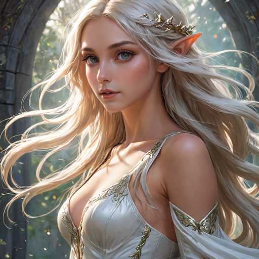 This image portrays a highly detailed, computer-generated or AI-generated fantasy character of a young female elf. She has long, flowing blonde hair that cascades down her back, with a golden crown or tiara adorning her head. Her striking blue eyes and pointed ears are prominent features that emphasize her elven nature. The elf is dressed in a white, sleeveless dress with intricate gold embroidery, which leaves her shoulders and upper chest exposed. The dress appears to be made of a shiny material, possibly satin or silk. She stands in a lush, forested area, with sunlight filtering through the trees, casting a warm glow on her face and hair. The background features a stone archway or doorway, adding to the mystical ambiance of the scene. The elf's expression is serene and contemplative as she gazes directly at the viewer, creating a captivating and enchanting image.