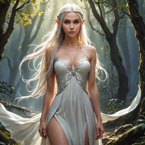 The image depicts a highly detailed, computer-generated fantasy character of a female elf standing in a serene forest setting. The elf has long, flowing white hair adorned with a delicate crown of leaves or flowers. Her pointed ears and striking blue eyes enhance her ethereal appearance. She is dressed in a form-fitting, sleeveless white dress with intricate silver embroidery, featuring a deep V-neckline that reveals a significant amount of cleavage. The dress has a high slit on the left side, showcasing her leg. A sheer, white cape-like fabric billows behind her, adding to the magical aura. The background is a misty forest with tall trees and green leaves, through which sunlight filters, casting a soft glow on the scene. The elf stands confidently, gazing directly at the viewer, embodying the grace and mystery of her enchanted woodland home.