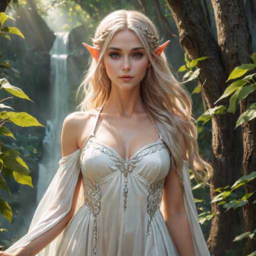 The image depicts a highly detailed, computer-generated scene of a young, blonde woman with pointed ears, resembling an elf. She stands in a lush, forested area with a waterfall cascading behind her. Her long, wavy hair is adorned with a crown of leaves, and she wears a flowing, white dress with intricate silver embroidery and sheer sleeves that drape over her arms. The dress features a low neckline and a corset-like bodice, with a chain hanging down the center. Her striking blue eyes and pink lips add to her ethereal appearance. The background is filled with green leaves and tree trunks, with sunlight filtering through the foliage, creating a serene and magical atmosphere.