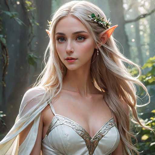 This image features a highly detailed, computer-generated depiction of a young female elf, likely in her late teens or early twenties. She has long, flowing blonde hair that cascades down to her waist, with a delicate floral crown made of green leaves and white petals adorning her head. Her pointed ears, reminiscent of those of an elf or fairy, add to her mystical appearance. She has striking blue eyes, pink lips, and a fair complexion. 

The elf is dressed in a low-cut, white dress with intricate silver embroidery, which complements her ethereal look. A sheer white shawl drapes over her right shoulder, adding to the delicate and graceful aesthetic. She is adorned with long, dangling earrings that resemble silver leaves. 

The background sets the scene in a lush, forested area with sunlight filtering through the trees, casting a warm glow on the elf. The trees are adorned with green leaves and vines, enhancing the natural and enchanting atmosphere of the image. The elf's gaze is directed slightly to the left, as if she is looking at something just out of frame, adding an element of intrigue to the scene.
