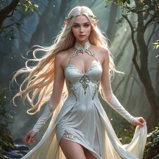 A captivating fantasy illustration depicts a young woman with long, flowing blonde hair cascading down her back. She stands gracefully in a lush forest, her attire a stunning white dress adorned with intricate gold embroidery. The dress features a low-cut neckline and a high collar that elegantly frames her neck. Her arms are covered by long, flowing sleeves that extend to her wrists, adding to the ethereal quality of her ensemble. The woman's pointed ears, reminiscent of elven or fairy folklore, add a mystical element to her appearance. She gazes directly at the viewer with a serene expression, embodying the essence of a forest sprite or elven princess. The background is a dense, shadowy forest, with sunlight filtering through the trees, casting a magical glow on the scene. The overall composition exudes a sense of enchantment and otherworldly beauty, drawing viewers into its mystical realm.