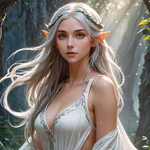 The image depicts a highly detailed, computer-generated or AI-generated fantasy character of a young woman with distinct elven features. She has long, flowing white hair adorned with a leafy crown, and her pointed, orange ears are reminiscent of elven or fairy ears. Her striking green eyes and pink lips add to her ethereal appearance. She is dressed in a white, sleeveless gown that reveals her shoulders and chest, with a cape-like garment draped over her left arm. The background features a serene forest setting with sunlight filtering through the trees, casting a warm glow on her face. The overall scene exudes a mystical and enchanting atmosphere, highlighting the character's otherworldly beauty.