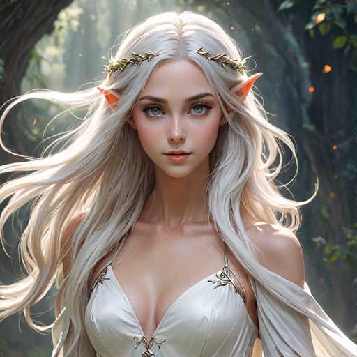 This image depicts a highly detailed, computer-generated or AI-generated fantasy character of a young, elven woman. She has long, flowing white hair that cascades down to her chest, with a golden leaf crown adorning her head. Her striking blue eyes are framed by thick, dark eyebrows, and her lips are painted a soft pink. She has pointed, orange ears that extend outward, emphasizing her elven nature. The character is dressed in a low-cut, white dress with intricate gold embroidery, and a sheer, flowing fabric drapes over her left shoulder. The background features a dense forest with tall trees, some of which have orange leaves, adding to the mystical atmosphere. The overall scene is bathed in a soft, ethereal light, enhancing the enchanting and otherworldly feel of the image.