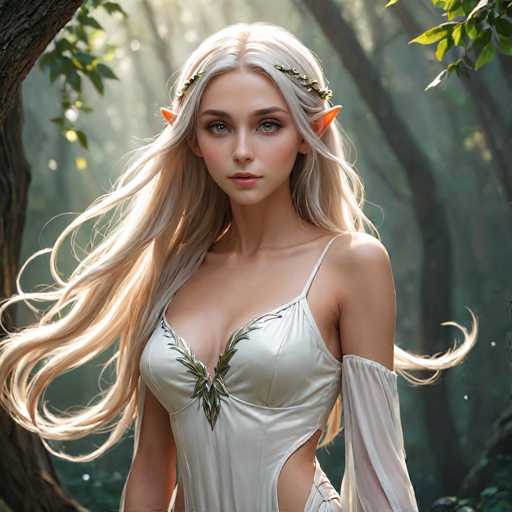 The image depicts a highly detailed, computer-generated or AI-generated fantasy character of a young woman with long, flowing blonde hair that cascades down to her waist. She has striking blue eyes and pointed, elf-like ears that protrude from the sides of her head. Adorning her hair is a delicate crown made of green leaves. Her attire is a white, sleeveless dress that features intricate leaf patterns around the neckline and cutouts on the sides, revealing her shoulders and part of her ribcage. The dress is complemented by a sheer, white fabric that drapes over her left arm, extending from her shoulder to her wrist. She stands in a serene forest setting, with sunlight filtering through the trees and casting a gentle glow on her face. The background is filled with lush greenery, including tree trunks and leaves, enhancing the ethereal and magical atmosphere of the scene.