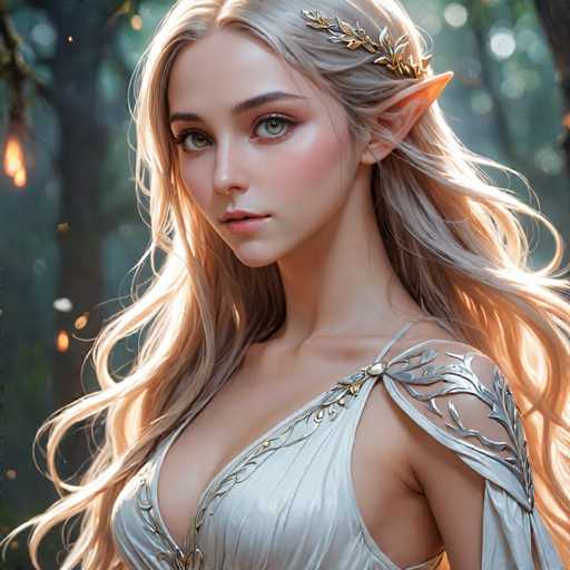 A beautiful, ethereal elf woman with long, flowing blonde hair and delicate pointed ears is the focal point of this digital painting. She's wearing a shimmering, white gown adorned with intricate silver leaf-like details and has a delicate crown of similar embellishments in her hair. Her expression is serene yet captivating, with soft, almond-shaped eyes that gaze directly at the viewer. 

The background is a softly blurred forest scene, with dappled sunlight filtering through the trees and hints of glowing embers or magical particles floating in the air. The overall color palette is warm, with soft golds and muted greens dominating the scene, creating a magical and enchanting atmosphere. The lighting is gentle and diffused, highlighting the woman's features and the texture of her gown and hair. The style is reminiscent of fantasy art, with a focus on delicate details and a dreamlike quality.