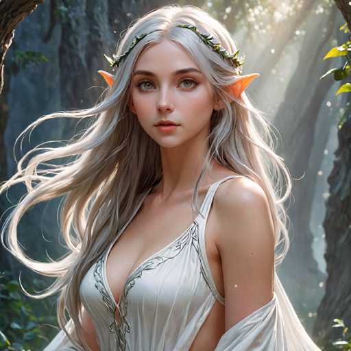 A woman with long blonde hair is standing in a forest surrounded by trees and foliage. She is wearing a white dress adorned with green leaves on her head. The background features the dense foliage of the forest, creating an immersive and natural setting for the scene.